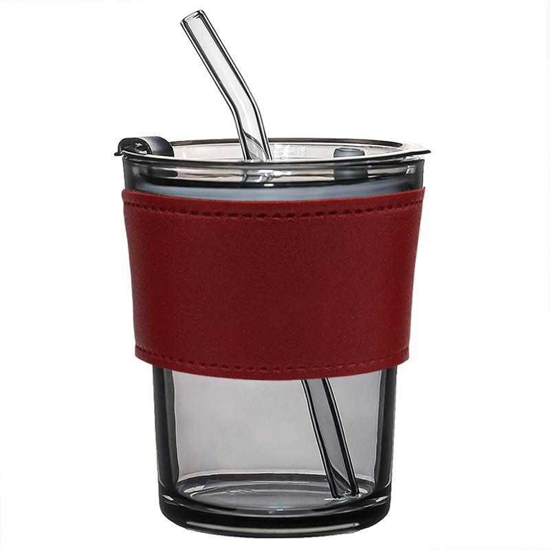 Стакан стеклянный с трубочкой и капхолдером Karamel, бордовый