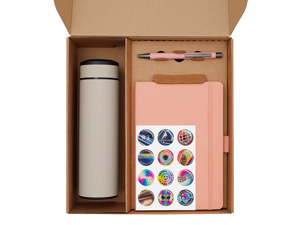 Подарочный набор с термосом, блокнотом, ручкой и чаем, розовый