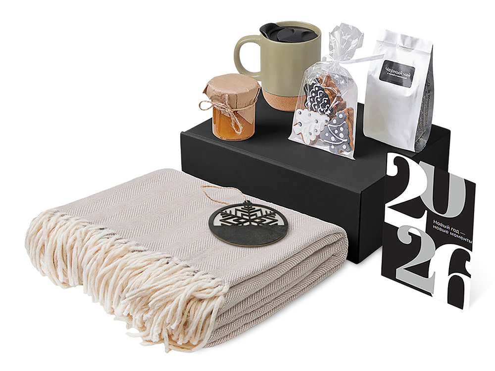 Подарочный набор c пледом, кружкой и вареньем, оливковый