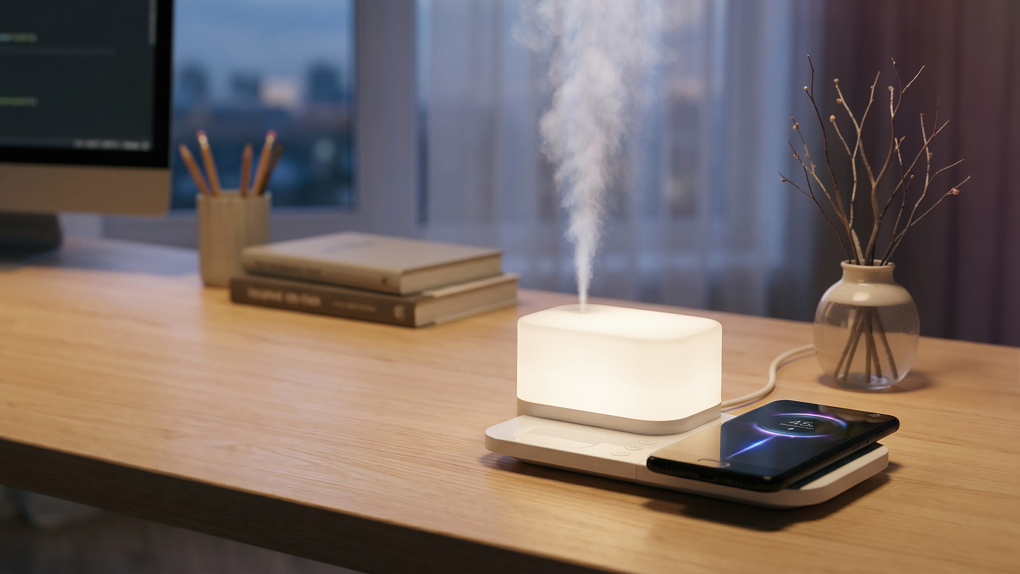 Настольная беспроводная (15W) зарядная станция "Smart Base" с увлажнителем и лампой Настольная беспроводная (15W) зарядная станция "Smart Base" с увлажнителем и лампой