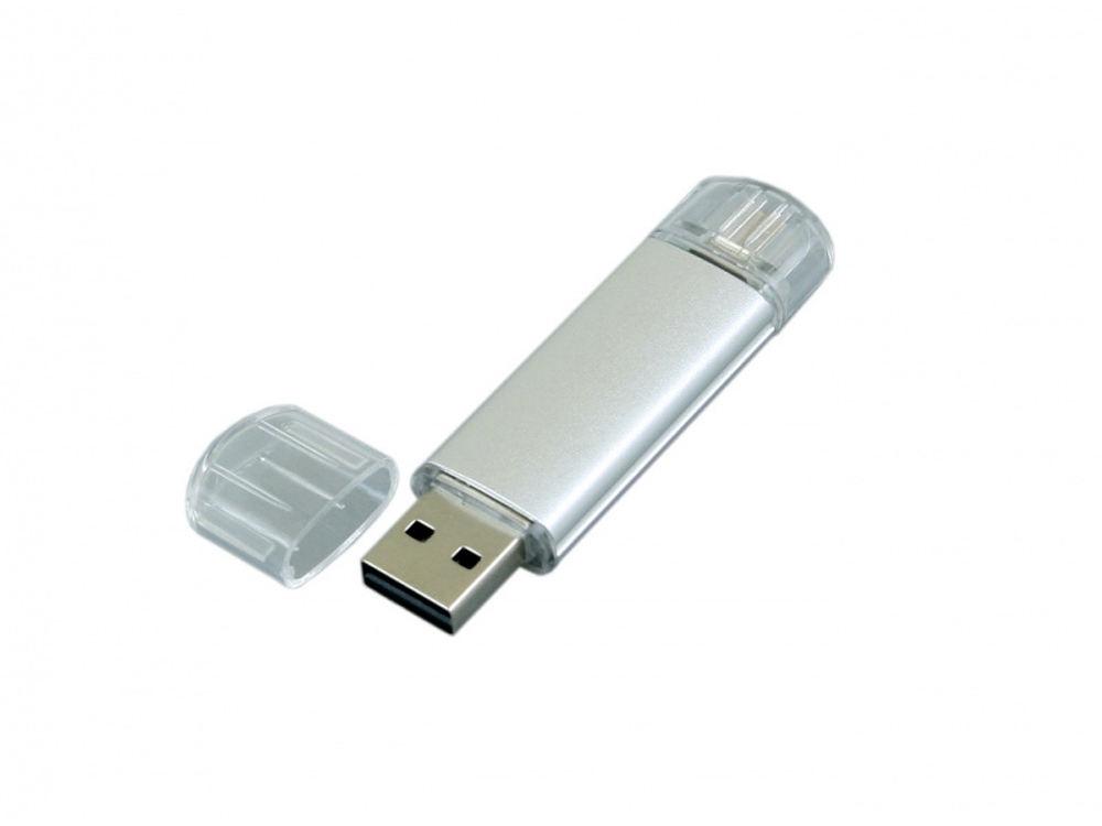 USB-флешка на 64 ГБ.c дополнительным разъемом Micro USB, серебро