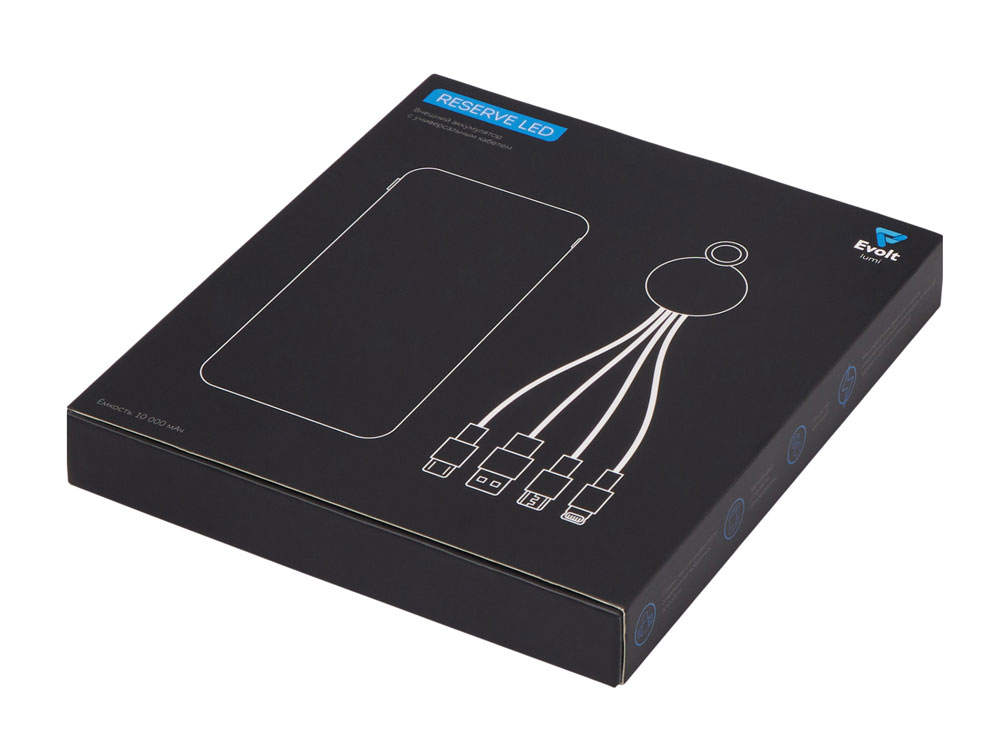 Набор из внешнего акуумулятора и универсального кабеля с подсветкой лого Reserve LED, 10000mAh, черный