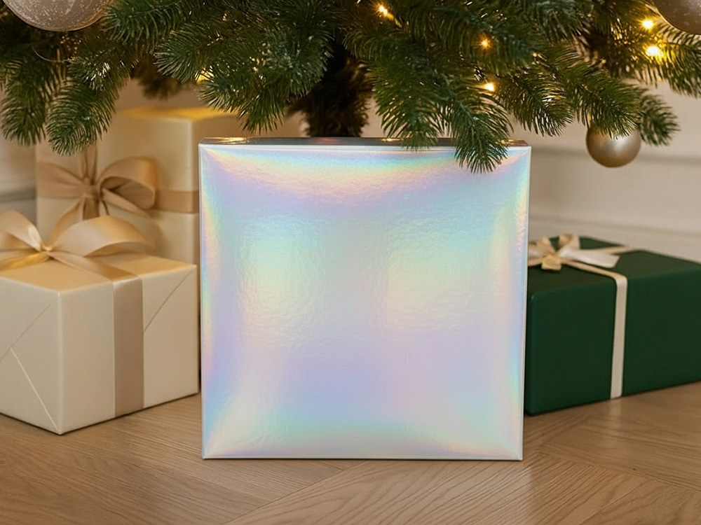 Подарочная коробка с голографическим шубером без печати Aurora, L, 260х260х100 мм. Подарочная коробка с голографическим шубером без печати Aurora, L, 260х260х100 мм.