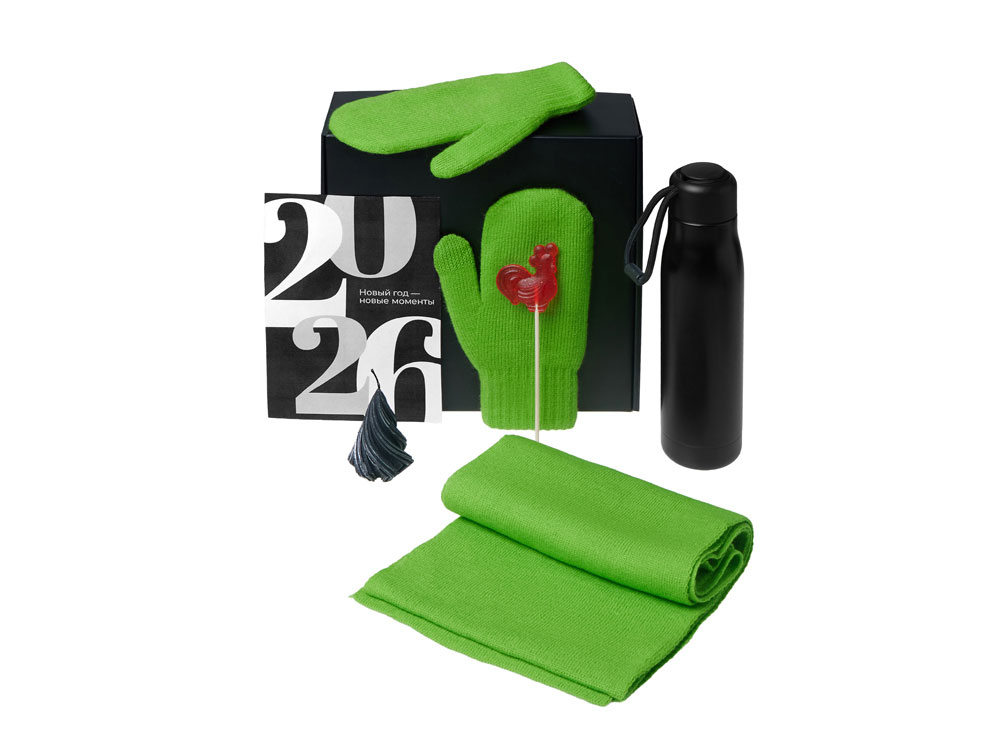Подарочный набор с варежками, шарфом и термосом, зеленое яблоко