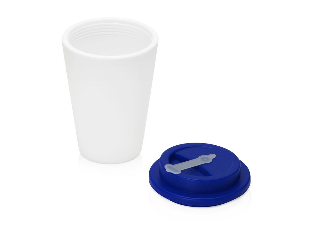 Пластиковый стакан Take away с двойными стенками и крышкой с силиконовым клапаном, 350 мл, белый/темно-синий