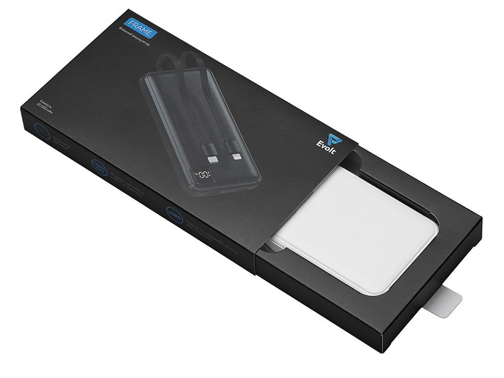 Внешний аккумулятор со встроенными кабелями Фрэйм, 10000мач, белый