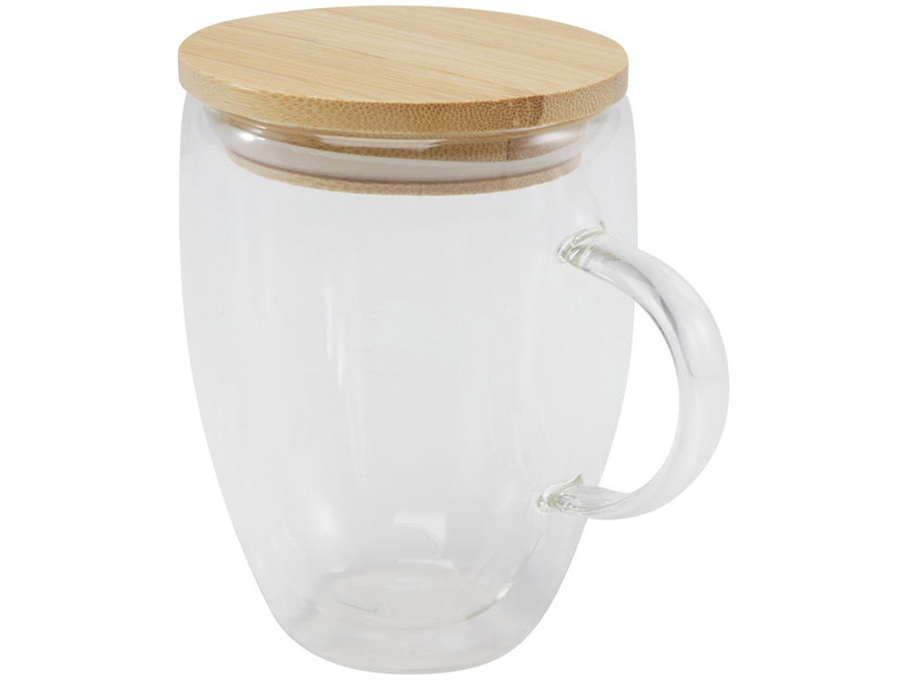 Стеклянная кружка Leona объемом 350 мл с бамбуковой крышкой - прозрачный