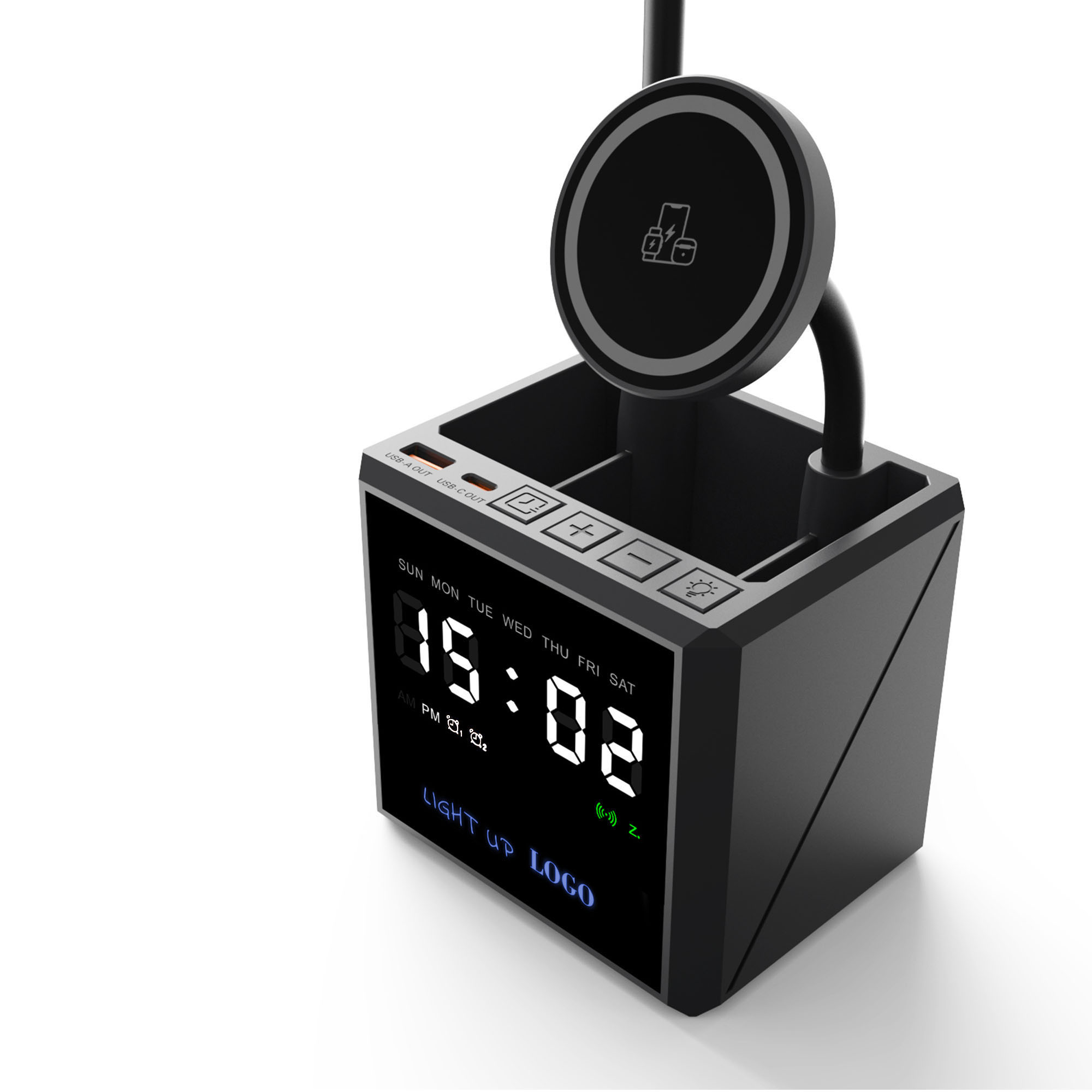 Лампа "Smart Flex" с беспроводным 3в1 (15W) ЗУ с MagSafe, часами, карандашницей и подсветкой логотипа Лампа "Smart Flex" с беспроводным 3в1 (15W) ЗУ с MagSafe, часами, карандашницей и подсветкой логотипа