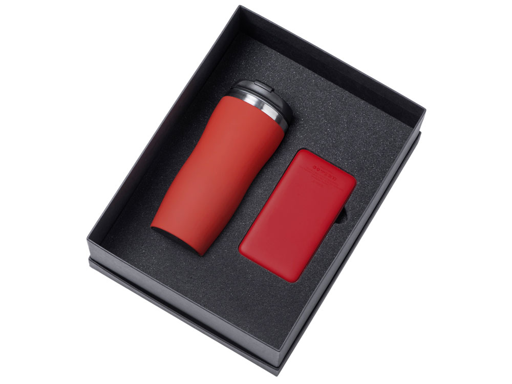 Подарочный набор c вакуумной термокружкой и повербанком С2, красный