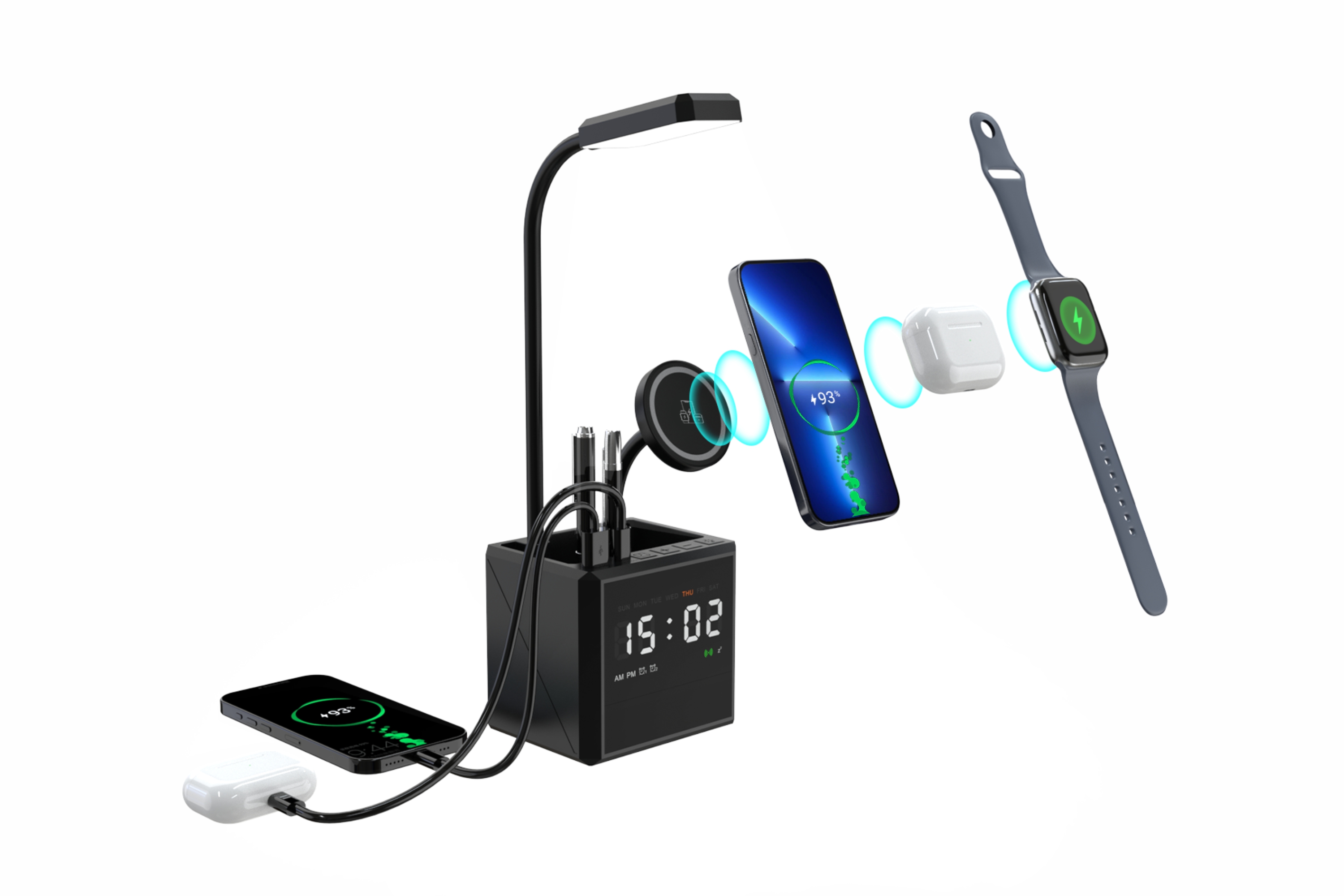Лампа "Smart Flex" с беспроводным 3в1 (15W) ЗУ с MagSafe, часами, карандашницей и подсветкой логотипа Лампа "Smart Flex" с беспроводным 3в1 (15W) ЗУ с MagSafe, часами, карандашницей и подсветкой логотипа
