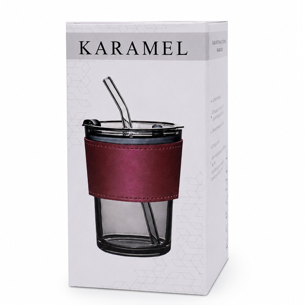Стакан стеклянный с трубочкой и капхолдером Karamel, бордовый.