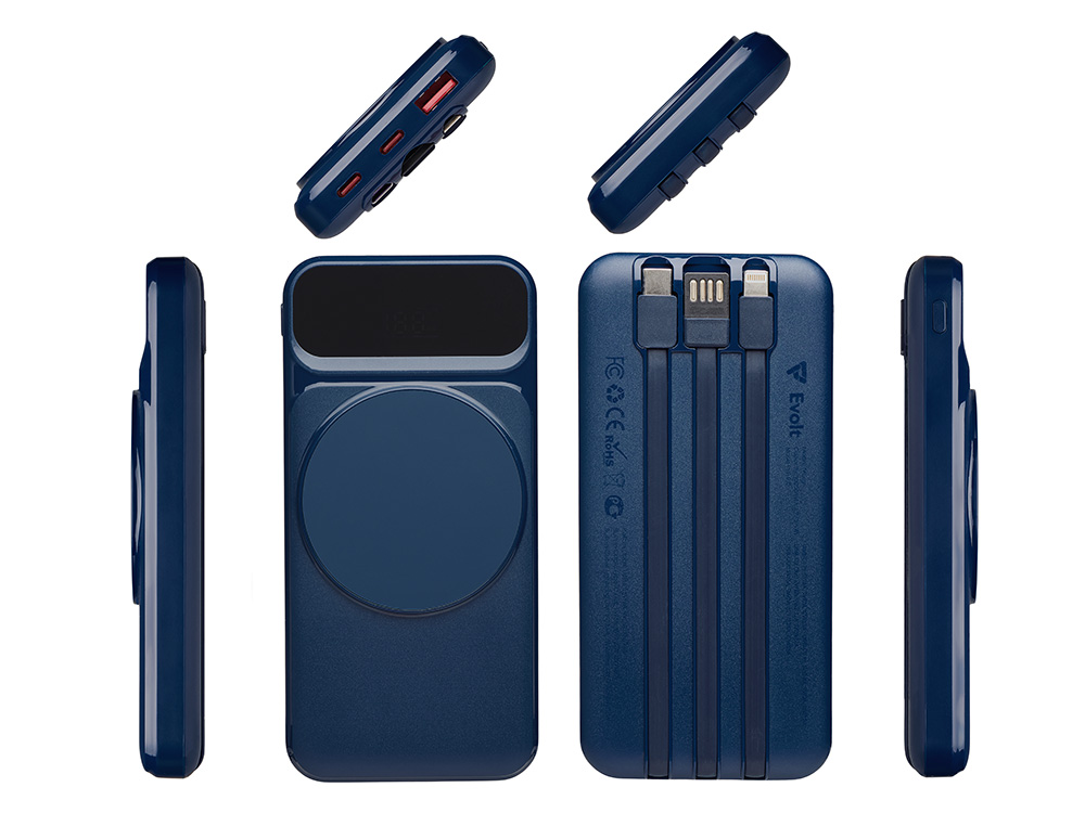 Магнитный беспроводной внешний аккумулятор со встроенными кабелями Мэни,быстаря зарядка, 10000 мАч, тёмно-синий