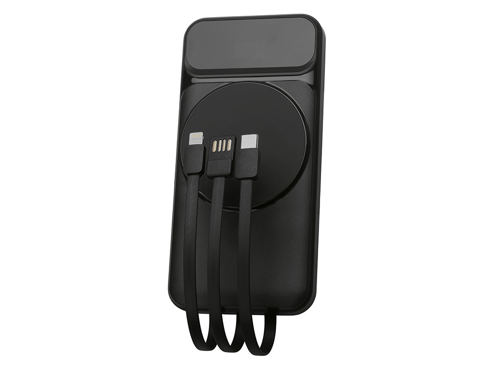 Магнитный беспроводной внешний аккумулятор со встроенными кабелями Мэни,быстаря зарядка, 10000 мАч, черный