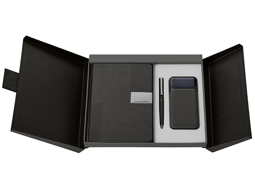 Подарочный набор Tesla с блокнотом А5, ручкой и пауэрбенком на 10 000 mAh, черный