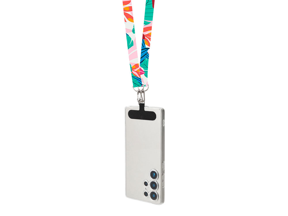 Ланъярд 2 см под сублимацию с 2-мя трендовыми карабинами и узким держателем для телефона из ПЭ, серебристый