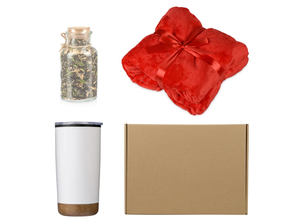 Подарочный набор с пледом, термокружкой и чаем, красный Подарочный набор с пледом, термокружкой и чаем, красный