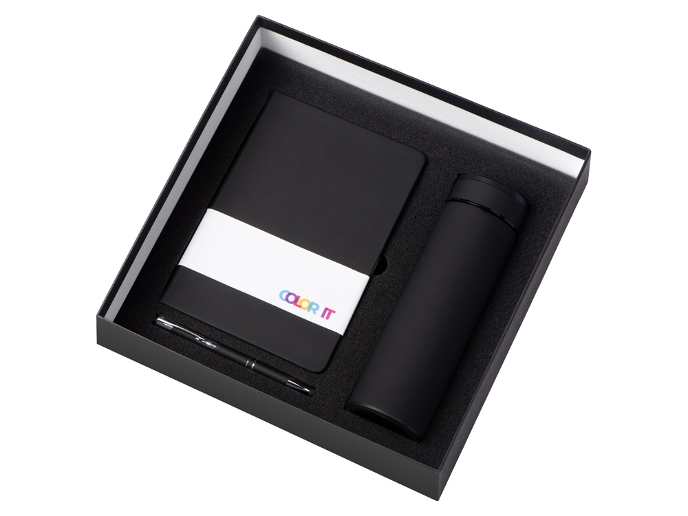 Подарочный набор с блокнотом С1, металлической ручкой и термосом, черный Подарочный набор с блокнотом С1, металлической ручкой и термосом, черный