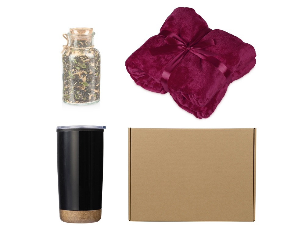 Подарочный набор с пледом, термокружкой и чаем, бордовый Подарочный набор с пледом, термокружкой и чаем, бордовый