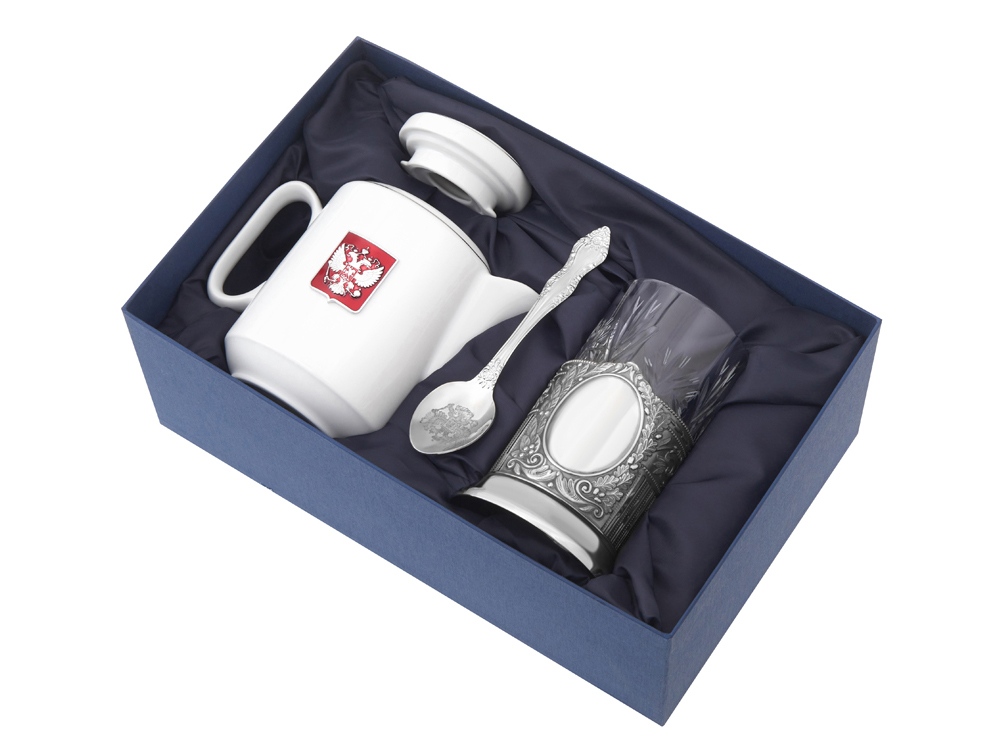 Чайный набор с подстаканником и фарфоровым чайником ЭГОИСТ-М, серебристый/белый