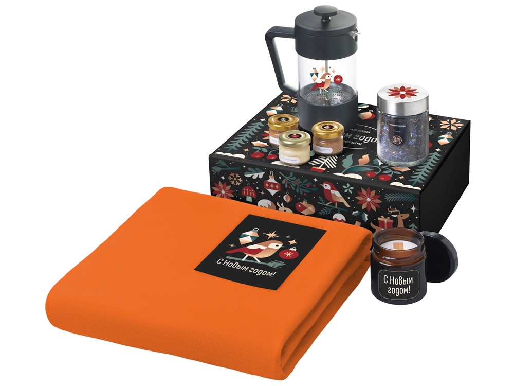 Подарочный набор c пледом, френчпрессом, чаем и медом, оранжевый