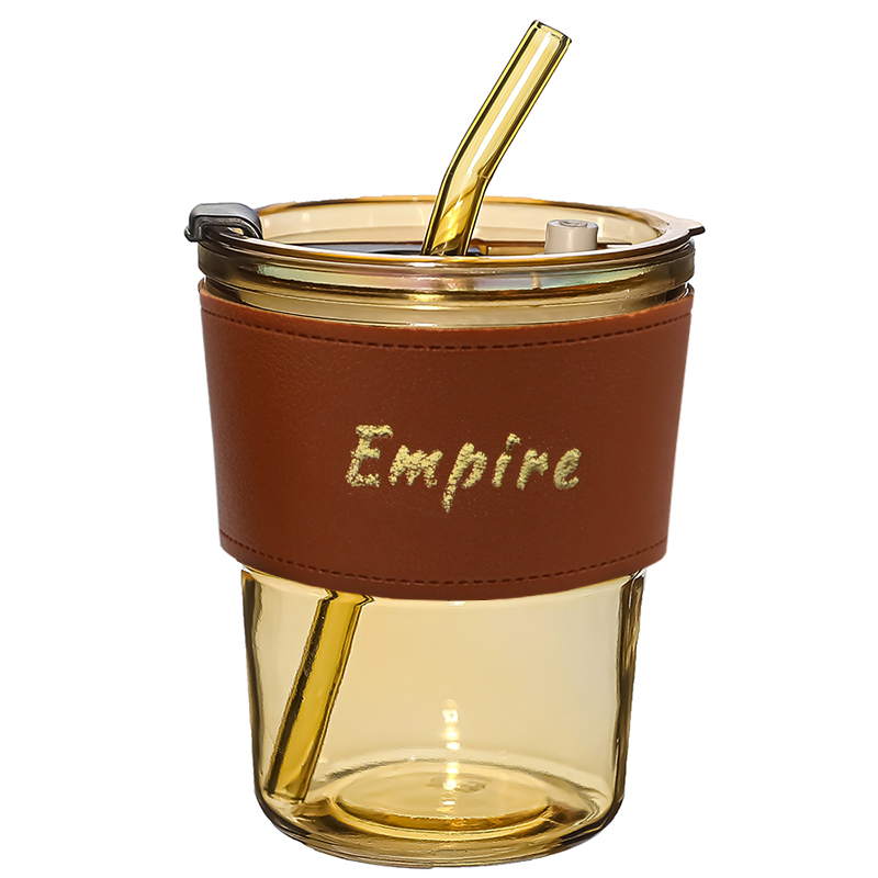 Стакан стеклянный с трубочкой и капхолдером Karamel, золотой
