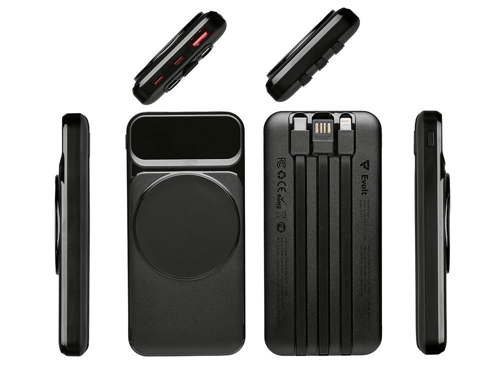 Магнитный беспроводной внешний аккумулятор со встроенными кабелями Мэни,быстаря зарядка, 10000 мАч, черный