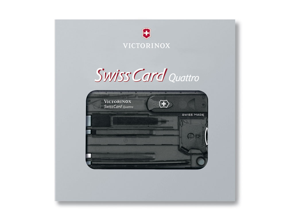 Швейцарская карточка VICTORINOX SwissCard Quattro, 14 функций, полупрозрачная чёрная