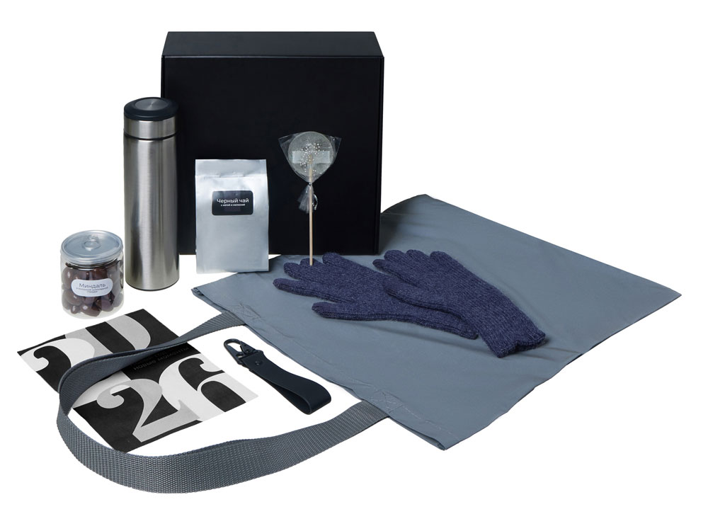 Подарочный набор с перчатками, термосом и чаем, темно-синий