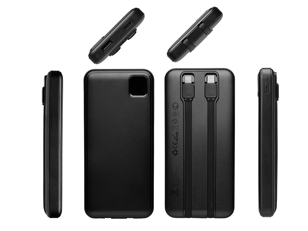 Внешний аккумулятор со встроенными кабелями Фрэйм, 10000мач, черный