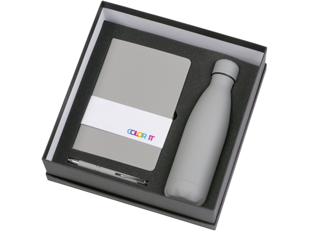 Подарочный набор с блокнотом С1, металлической ручкой и термобутылкой, серый