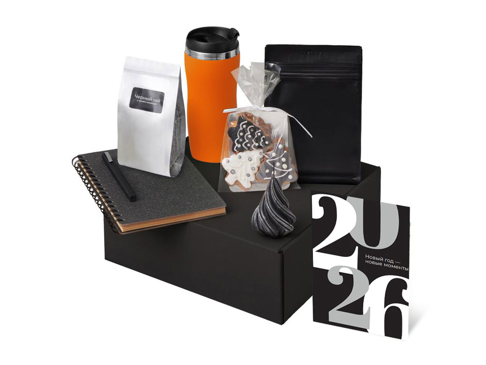 Подарочный набор c термокружкой, чаем, кофе и блокнотом, оранжевый