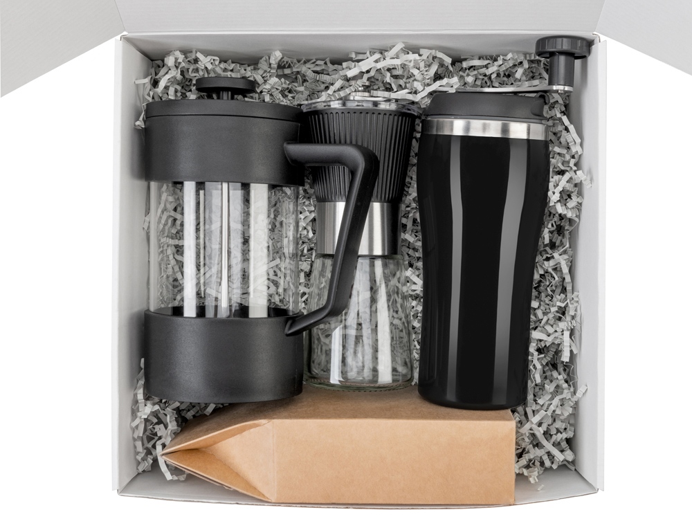 Подарочный набор с кофе, кружкой и френч-прессом Бодрое утро 2.0, черный