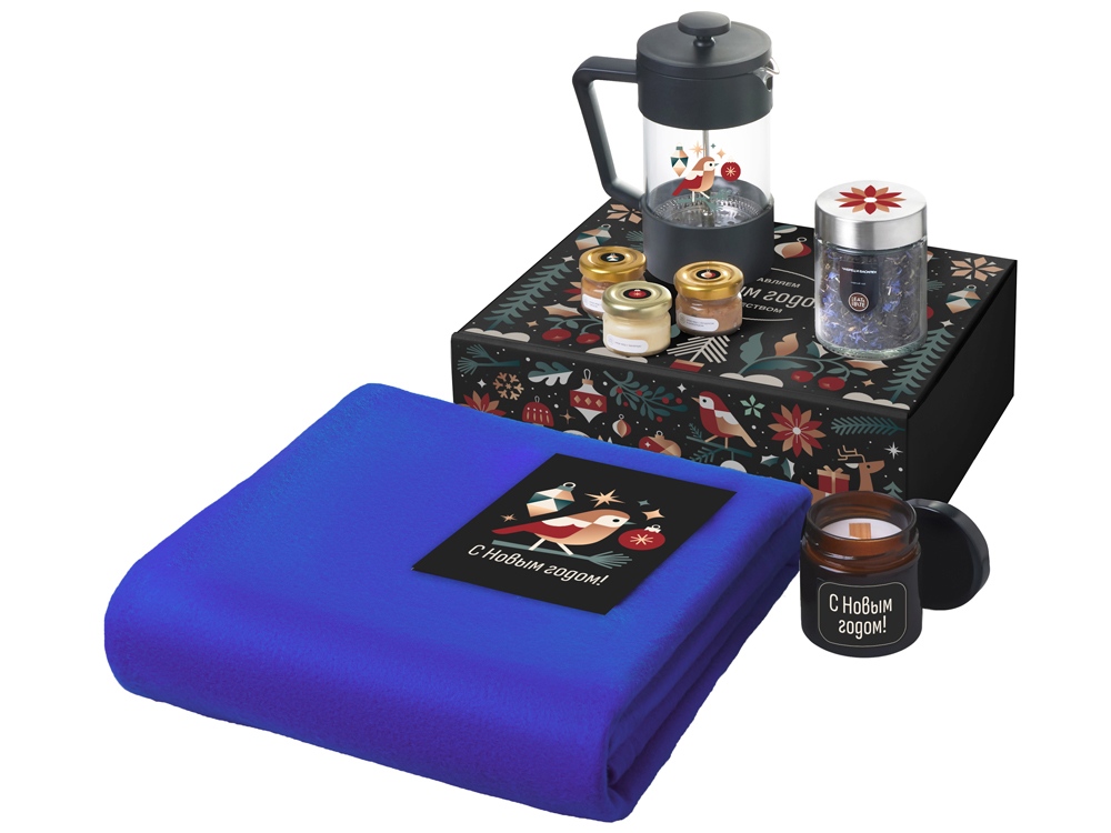 Подарочный набор c пледом, френчпрессом, чаем и медом, синий