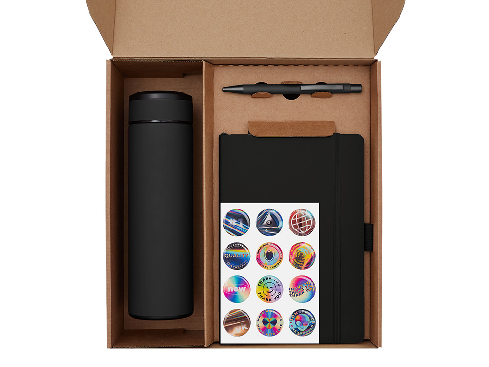 Подарочный набор с термосом, блокнотом, ручкой и чаем, черный Подарочный набор с термосом, блокнотом, ручкой и чаем, черный