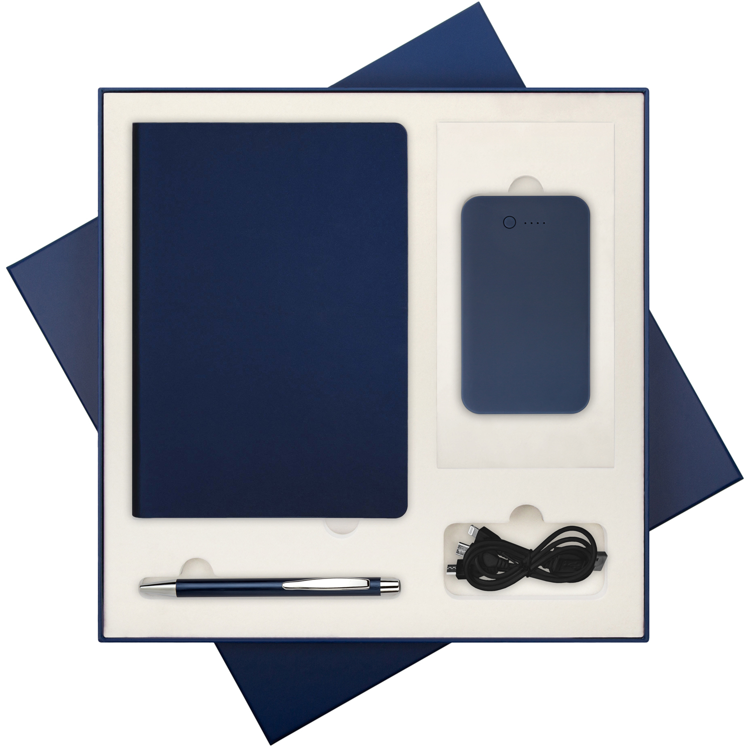 Подарочная коробка с ложементом для ежедневника, ручки и аккумулятора, синяя (под съемные ложементы)