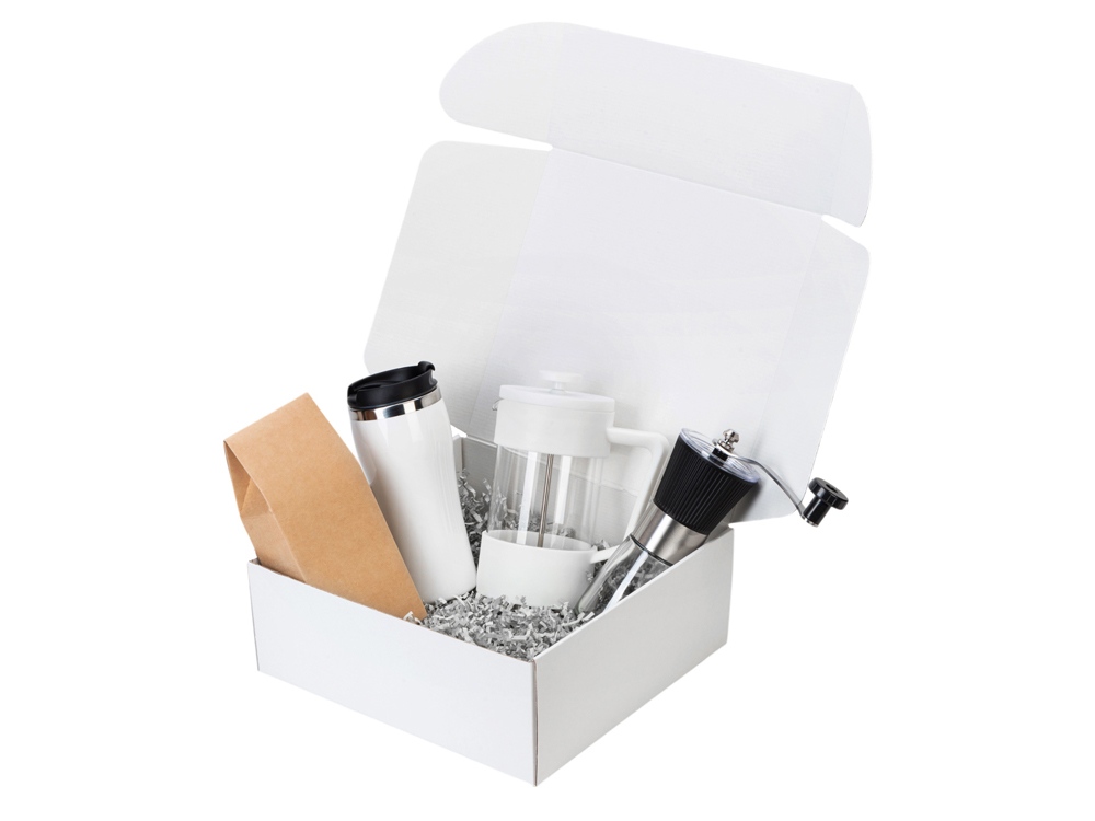 Подарочный набор с кофе, кружкой и френч-прессом Бодрое утро 2.0, белый